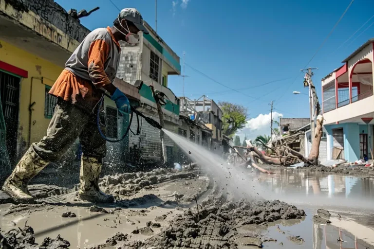 Lavado a presion para desinfectar zonas afectadas por inundaciones y catastrofes naturales